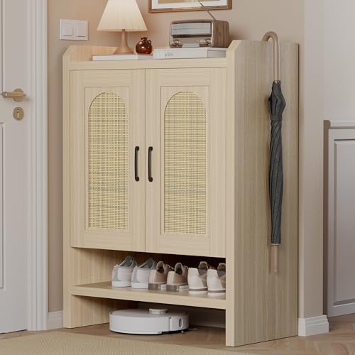 Mericonia 6-Tier Shoe Cabinet Storage for Entryway, Rattan Shoes Organizer Cabinets with Doors, Wooden Shoe Rack, Farmhouse Boho Wood Storage Cabinet (Oak, 6-Tier) - color: Oak, size: 6-tier