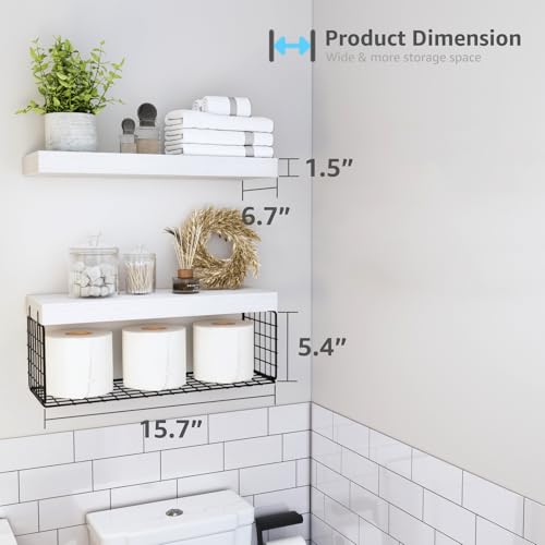 QEEIG Bathroom Shelves Over Toilet - Wall Mounted Floating Shelves Toilet Paper Storage Small Farmhouse Decor Shelf 16 inch Set of 2, White and Black (019-WB2) - color: F. White & Black, size: 2pcs