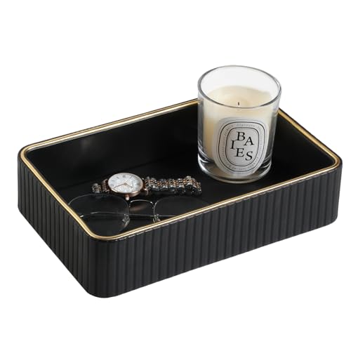 Desk Organizer Tray, PU Leather Nightstand Organizer Perfume Valet Tray for Men Women, Decorative Vanity Trays Trinket Dish Key Bowl for Entryway Table (Black, Small) - color: Black, size: 9.5" x 6" x 2.2"