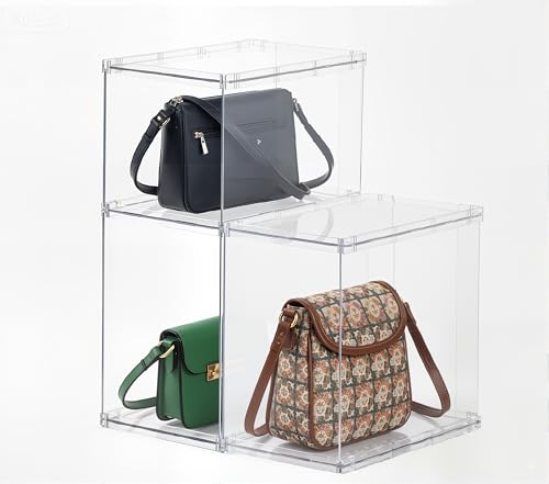 FOCHIER F Bag & Purse Organizer for Closet,3 Pack Stackable Plastic Handbags Storgae Shelf Dividers,Clear Clutch Bag Organizers and Storage for Wardrobe Bathroom Study and Office(2 Large+1 Small) - color: 3 Pack(2 Large+1 Small)