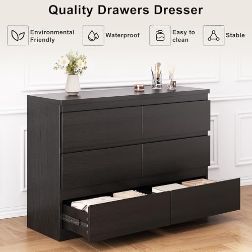 Jocoevol Modern Black 6 Drawer Dresser - Simply Chest of Drawers for Bedroom, Closet, Living Room, Hallway, Entryway, Wood Storage Double Dresser with Smooth Metal Rails - Black - color: Black