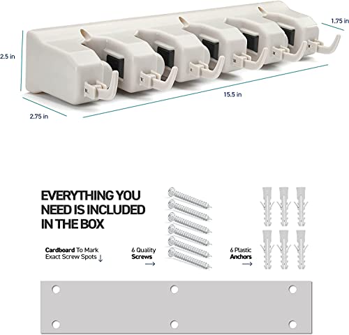 Mop and Broom Holder Wall Mount 2 Pack - Garage Storage Organizer with 5 Slots, 6 Hooks, 7.5lbs Capacity Per Slot - Home, Kitchen, Closet, Laundry Room Organization – Off-White Broom Hanger - color: Off-White, size: 2 Pack 5-position, 6-Hooks