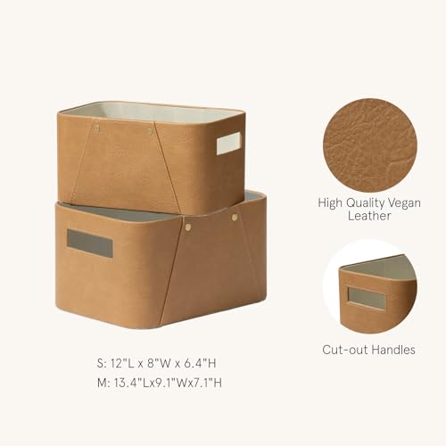 LA JOLIE MUSE Storage Baskets for Organizing, 2 Pack, Storage Cube Boxes Luxury Brown Vegan Leather for Closet Shelf Cabinet Bookcase Camel - color: Camel