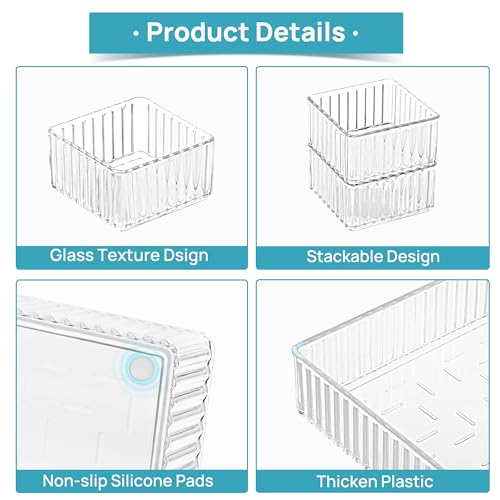 Vtopmart 7 PCS Clear Drawer Organizers Bins, 4-Size Stackable Makeup and Vanity Drawer Organizer Trays, Acrylic Bathroom Drawer Storage Containers for Cosmetic, Office Supply, Kitchen Utensils Gadgets