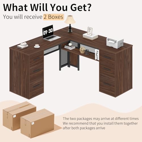 HSH Large L Shaped Executive Desk with Drawers, Home Office Metal Wood Computer Desk for Work Writing Study Gaming, Rustic L-Shaped Walnut Desk Table with File Drawer, Storage Cabinet Shelves, 59 in - color: Walnut