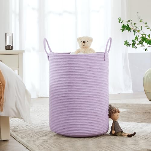 80L Extra Large Purple Hamper Laundry Basket for Nursery Kids 16Dx22H inches Tall Lavender Blanket Basket for Girls Cotton Rope Lilac Clothes Hamper in Bedroom - color: Purple, size: Extra Large (80L)