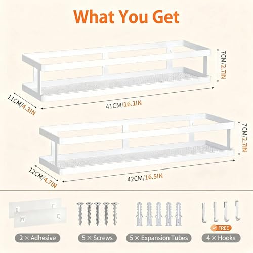PUSDON 2-Pack 16.5" Extra Long Slim Shower Caddy, Adhesive Wall Mount Bathroom Organizer, Rustproof Open Frame Mesh Spice Rack for Kitchen, Holds 50LBS - White, Guardrail - color: White, size: Minimalist Open (16.5" Extra Long)