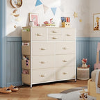 WLIVE Fabric Dresser for Bedroom with 10 Drawers, Chest of Drawers with Side Pockets and Hooks, Sturdy Metal Frame, Drawers Organizer Unit for Living Room, Hallway, Cream White - color: Cream White