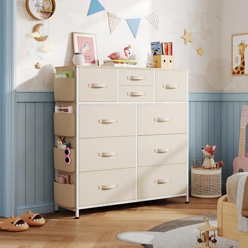 WLIVE Fabric Dresser for Bedroom with 10 Drawers, Chest of Drawers with Side Pockets and Hooks, Sturdy Metal Frame, Drawers Organizer Unit for Living Room, Hallway, Cream White - color: Cream White