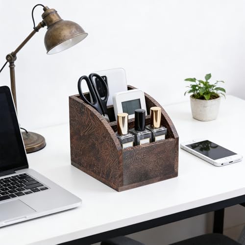 Rustic Vintage Wooden Desk Organizer Farmhouse Wood Remote Control Caddy 3 Slot Tabletop Desktop Office Supply Storage Rack Desktop TV Remote Control Holder Home Decor Office Supplies (Metallic color) - color: Metallic color