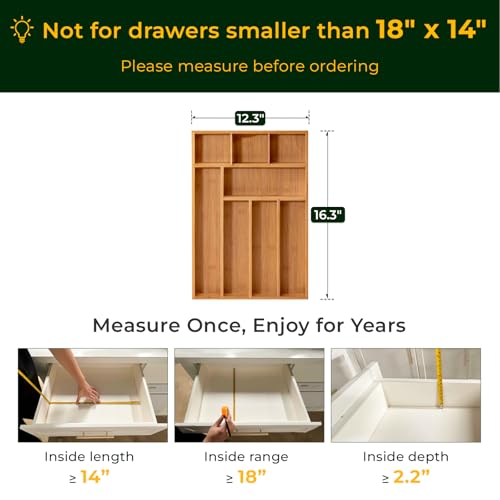Carbonized Bamboo Kitchen Drawer Organizer, 8 Slots Silverware Organizer, Utensil Holder & Cutlery Tray, 2.2" Deep for Extra Capacity, Non-Slip Feet Included - size: 8 Slots