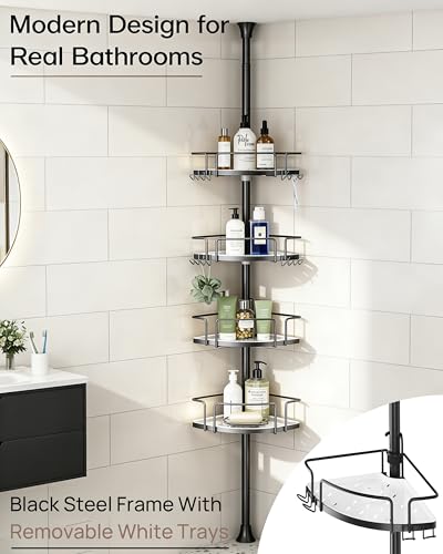 ALLZONE Corner Shower Caddy Tension Pole, 4 Hang-On Basket with Mixed-Height Shelves for Various Bottle Sizes, Extra Hooks & Soap Holder, Rustproof Stainless Steel, Fits 34–116 Inch, Black/White - color: Black/White