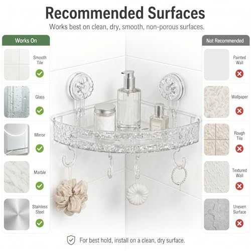 Corner Shower Caddy with Strong Suction Cups, No-Drill 90° Corner Shower Organizer with Hooks, Removable Wall Mounted Shelf for Tile, Glass & Metal (White/Clear)