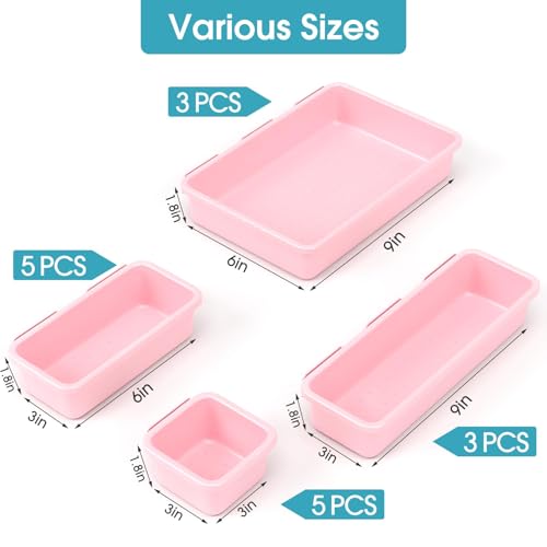 16 PCS Drawer Organizer Set, 4 Size Makeup Drawer Divider Organizer With Non-Slip Pads, Interlocking Plastic Storage Bins for Office,Jewelry Vanity,Gadgets, Bathroom,Kitchen, Pink - color: Pink, size: 16Pack