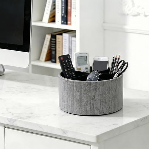 Remote Control Holder, 360°Spinning PU Leather Desk TV Remote Caddy,Desk Storage Box Room Accessories for Controller, Media,Mail,Calculator, Mobile Phone,Pencil(1-Big Thin Grey) - color: 1-Big Thin Grey