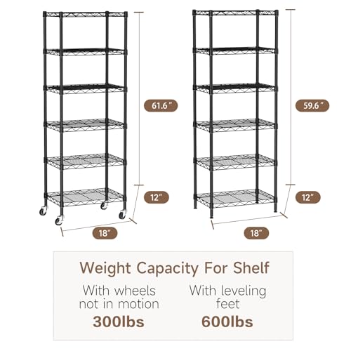 Golpart Small 6 Tier Shelves Storage Wire Shelving Unit Metal Shelf Adjustable Organizers Storage Shelving with Wheels for Bathroom Laundry Room Kitchen Pantry12”D x 18”W x 61.6”H Black - color: Black, size: 6 shelves (12 "D X 18 "W X 61.6 "H)