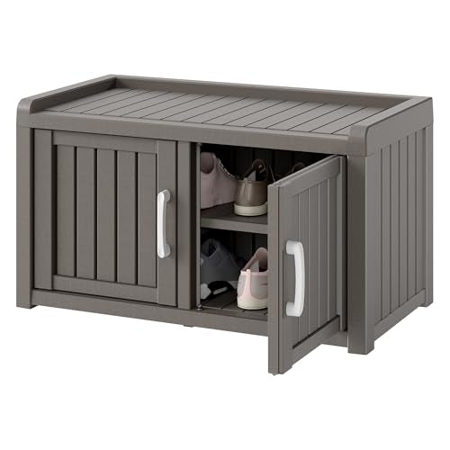 KAMABOKO Shoe Storage Cabinet Waterproof UV-Resistant, Entryway Storage Bench Indoor Outdoor with 2 Barn Doors, Adjustable Shelves for Entryway, Bedroom, Hallway,Living Room(Grey) - color: Grey, size: Double Door