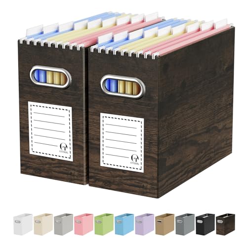 Oterri Cardboard File Organizer Box for Hanging File Folders Letter Size,File Box for Computer Desk,File Cabinet,Working Home,Office,Classroom (Brown Wood Grain Print, Letter Size - 2 Packs) - color: Brown Wood Grain Print, size: Letter Size - 2 Packs