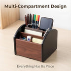 Wooden Desk Organizer with 4 Compartments, Remote Control Holder, Office Storage Caddy, 360-degree rotation Black and Brown Desk Organizer for Office Supplies
