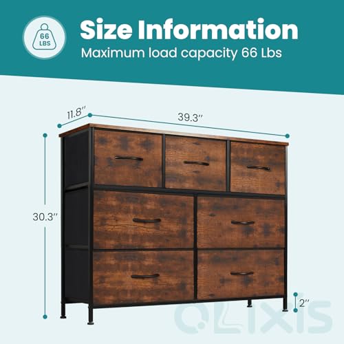 OLIXIS 7 Drawer Dresser for Bedroom, Wide Fabric Storage Tower with Wooden Top and Metal Frame, Closet Chest Organizer Furniture, TV Stand for Living Room Hallway, Rust Brown - color: Rust Brown, size: 11.8"D x 39.4"W x 30"H (7 Drawers)