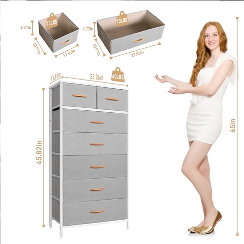 Mifuro Tall Dresser for Bedroom, Vertical Storage Organizer Tower with 7 Drawers, Chest of Drawers with Fabric Bins, Steel Frame, Wood Top for Bedroom, Closet, Entryway- Light Grey - color: Light Grey, size: 7 Drawers