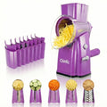 Upgrade Rotary Cheese Grater Shredder with Handle, Strong Suction Base, Multi-purpose Rotary Grater Slicer with 5 Interchangeable Blades for Ice, Vegetables, Fruit, Nuts with Blade Storage Box - color: Purple