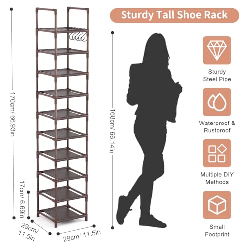 LANTEFUL Tall Shoe Rack 10-Tier Narrow Shoe Shelf Storage for 10-15 Pairs Shoe and Boot, Sturdy Shoe Storage Space Saving Corner Shoe Rack Organizer for Closet, Entryway, Living Room, Brown - color: Brown, size: 10 tiers
