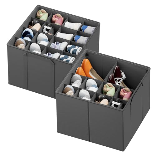SpaceAid Shoe Organizer for Closet, 2 Pack Foldable Shoe Storage Containers Baskets Boxes Bins w/Adjustable Dividers, Fits 16-32 Pairs, Grey - color: Grey
