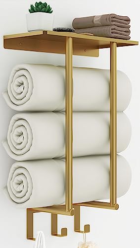 Towel Rack with Metal Shelf and 3 Hooks, Bethom Towel Racks for Bathroom Wall Mounted, Metal Gold Bath Towel Holder Storage Wall for Small Bathroom - color: Gold, size: Round Tube
