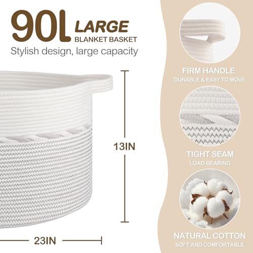OIAHOMY 90L Blanket Basket for Living Room, Large Basket 23" x 23" x 13" with Handle, Laundry Hamper for Blankets, Pillows, Toy Storage for Kids, Dogs - Light Grey & White - color: Light Grey & White, size: 23" x 23" x 13"