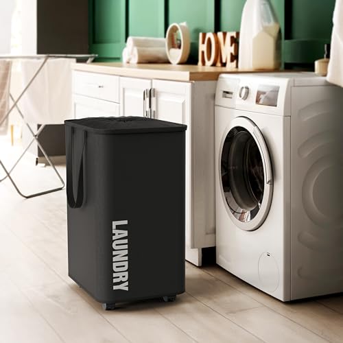 Simple Houseware Large 82L Laundry Basket with Wheels, Collapsible Waterproof Hamper with Handles and Mesh Cover, Black - color: Black