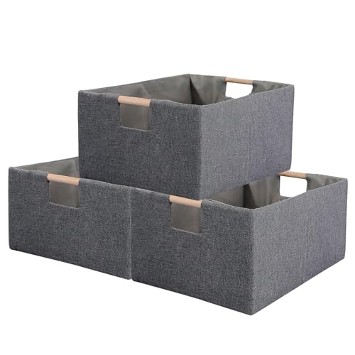 Fabric Storage Bin 3 Pack Foldable Cotton Linen Storage Basket with Wooden Handles Rectangular Cube Box – Gray, Small - color: Gray, size: Small