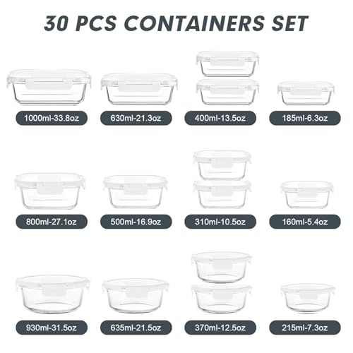 VERONES 30 Pieces Glass Meal Prep Containers Set, Stackable Food Storage Containers with Lids-Airtight Glass Lunch Containers，for Microwave, Oven, Freezer & Dishwasher,White - color: White