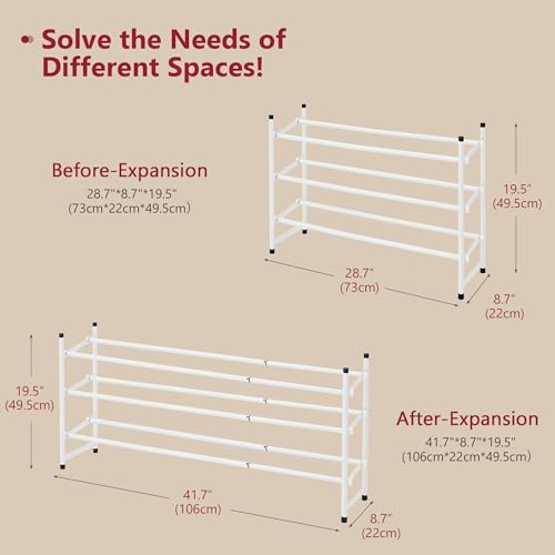 Tajsoon Expandable Shoe Rack for Closet 3 Tier, 28“-41“Adjustable & Stackable Shoe Shelf Storage, Metal Shoe Rack Organizer for Front Door Entrance, Closet, Garage, Entryway, White - color: White, size: 3 Tier