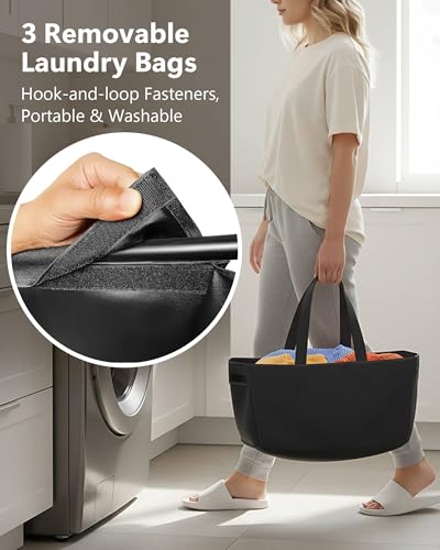 3 Section Laundry Sorter with Removable Bags, 120L Rolling Vertical Laundry Hamper, Stackable Laundry Baskets organizer for Bathroom, Apartment, Dorm (Black, With Wheel) - color: Black, size: With Wheel