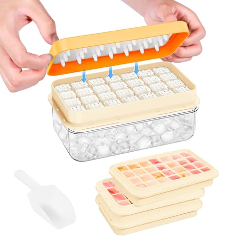 PHINOX Ice Cube Tray with Lid and Bin, 3 Pack Plastic Ice Cube Tray Molds, 84 pcs Ice Trays for freezer, Chilling Drinks, Whiskey & Cocktails, with Ice Container and Ice Scoop, BPA-Free - color: Yellow, size: 0.8"-3tier