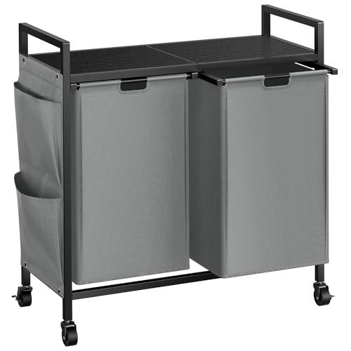 WOWLIVE Double Laundry Hamper with Lid,Rolling Laundry Basket Organizer with Wheels, Iron-Made Laundry Sorter with Top Shelf and 2 Removable Bags,Large Clothes Storage for Room,Gray - color: Gray, size: 110L (30.0 x 13 x 32 Inches)