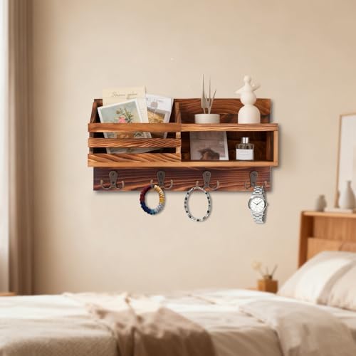 Key and Mail Holder for Wall, Mail Organizer Wall Mount with Shelf, Farmhouse Entryway Decor for Organizing A4 Bags,Wallet, Dog Leash, Sunglass (Brown)