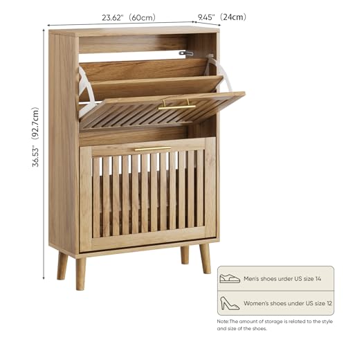 Smart FENDEE Shoe Cabinet with 2 Flip Slatted Drawers, Farmhouse Slim Shoe Organizer Rack with Golden Handles, Freestanding Hidden Entryway Storage for Hallway, Natural Oak - color: Natural Oak, size: 23.62" W
