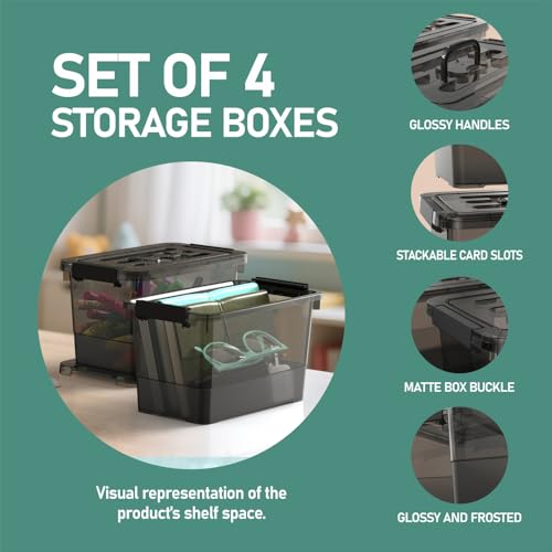 4 Pack 7 Quart Clear Black Storage Bins with Latching Lids, Stackable Plastic Storage Containers for Closet, Pantry & Garage Organization - color: Black