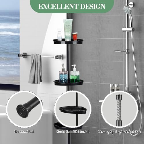 No-Drill Corner Shower Caddy Tension Pole, Rust-Resistant Bathroom Storage Organizer with 4-Tier Adjustable Shelves & Rubber Pad, 101.6''- 122'' Height, Black - color: Black