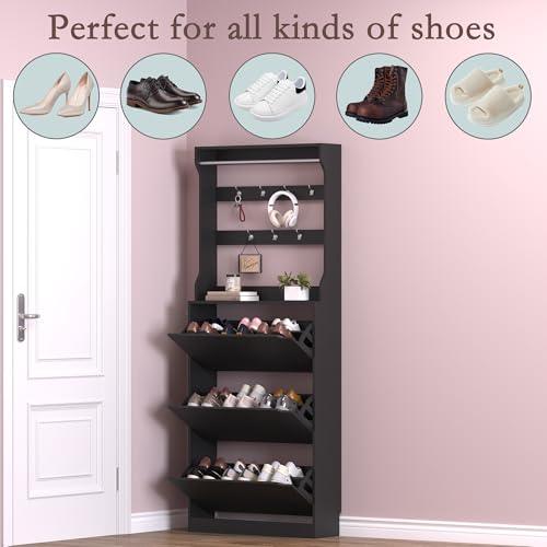 BORNOON Shoe Cabinet with 3 Flip Drawers & Coat Rack, Narrow Hidden Shoe Storage Cabinet, 2-in-1 Hall Tree Slim Freestanding Shoe Rack Organizer for Entryway, Hallway, and Living Room - color: Black, size: 3-Drawer with Rack