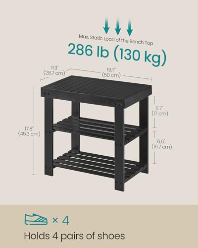 SONGMICS Shoe Rack Bench, 3-Tier Bamboo Shoe Storage Organizer, Entryway Bench, Holds Up to 286 lb, 11.3 x 19.7 x 17.8 Inches, for Entryway Bathroom Bedroom, Ink Black ULBS001B01 - color: Ink Black, size: 19.7"W