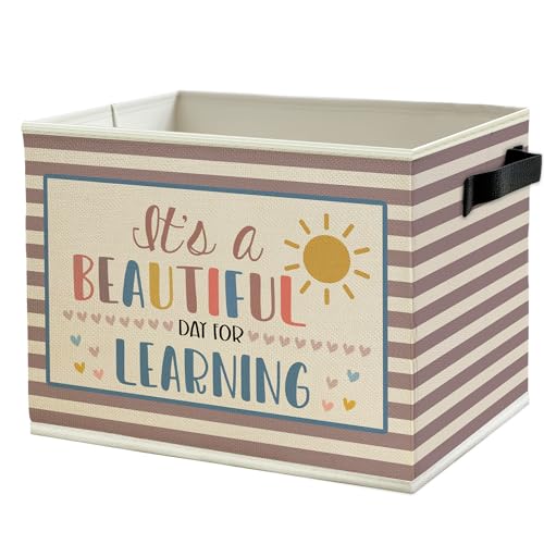 Boho Classroom Storage Bins Box with Handles, It's a Beautiful Day for Learning Neutral Striped Collapsible Basket Organizer for Classroom Kids Room Bedroom Playroom Toys Books Clothes - color: Color01