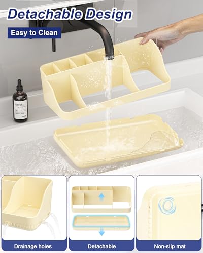 Bathroom Counter Organizer and Storage, 7 Slots Detachable Toothbrush Holders for Bathrooms, Anti-Slip Electric Toothbrush and Toothpaste Holder Countertop Vanity Organizer Accessories for Adults Kids - color: Milky Yellow