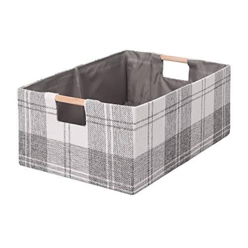 Fabric Storage Bin Box Collapsible Cotton Linen Storage Cube with Wooden Handles Rectangular Decorative Home Organizer Clothes Blanket Basket– Light Gray Plaid, Large - color: Light Gray Plaid, size: Large
