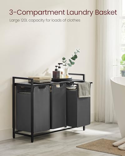 VASAGLE Laundry Hamper, Laundry Basket, Laundry Sorter with 3 Pull-Out and Removable Bags, Shelf, Metal Frame, 3 x 10.6 Gallons (40 L), 36.4 x 13 x 28.4 Inches, Slate Gray and Charcoal Gray UBLH301G01 - color: Slate Gray + Charcoal Gray, size: 3 Bags - 12