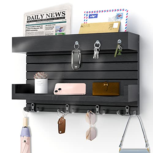 Key Holder for Wall Decorative Wall Mounted Mail Holder with 4 Key Hooks, Wooden Key Rack Mail Sorter Organizer, Double Shelf Key Hanger Mail Key Organizer, Rustic Home Decor for Entryway Hallway