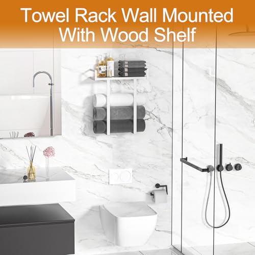Towel Racks for Bathroom Wall Mounted, Xstydes Metal Towel Holder with Wooden Shelf for Folding Large Towels, Towel Storage for Small Bathroom Organizer Decor or RV Camping,White - color: White, size: Small