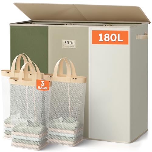 SOLEDI 180L 3-Section Laundry Hamper with Lid, Extra Large Dirty Clothes Basket with Sturdy Handles for Laundry Room & Bedroom - Durable Organizer for Sorting Laundry - color: Green/Grey/White, size: 180L